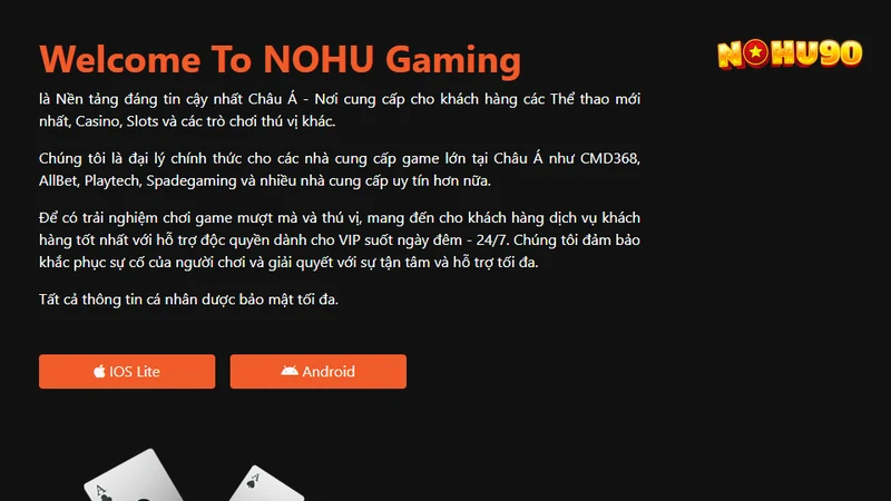 Trang tải app Nohu90 với hai nút IOS Lite và Android